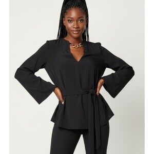 NWT ZARA Size XS Blouse Gold Chain Black V-Neck Belted Long Sleeve Modern Power